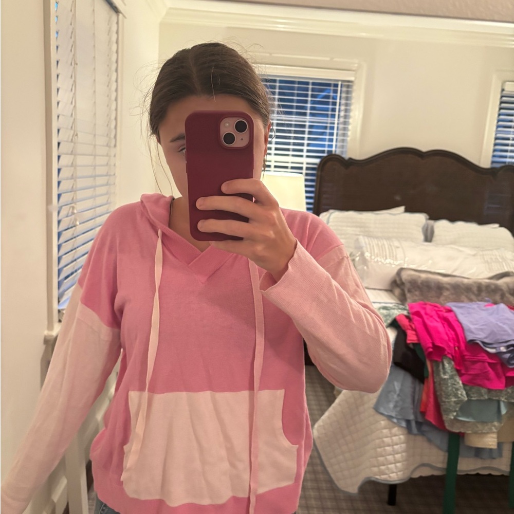 Hannah Rose Pink and White V-Neck Sweater